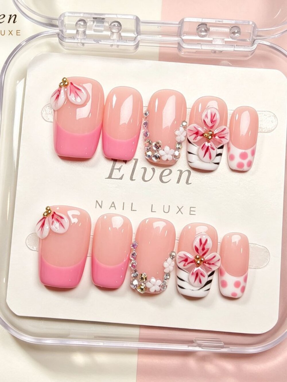 Sweet Floral Short Square Press On Nails Peach Nude Pink French 3D Flower